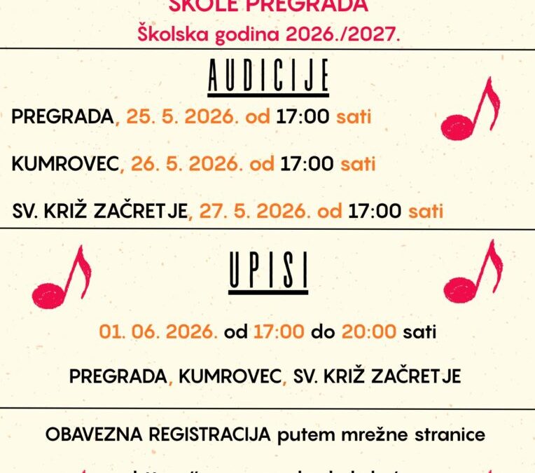 AUDICIJE I UPISI U 1. RAZRED OSNOVNE GLAZBENE ŠKOLE!